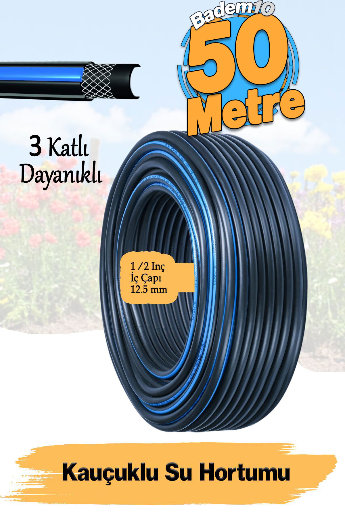 Termo Kauçuklu Bahçe Hortumu 50 Metre Dayanıklı 3 Katlı Sağlam Su Sulama Yıkama Hortum 12.5 mm 1/2"