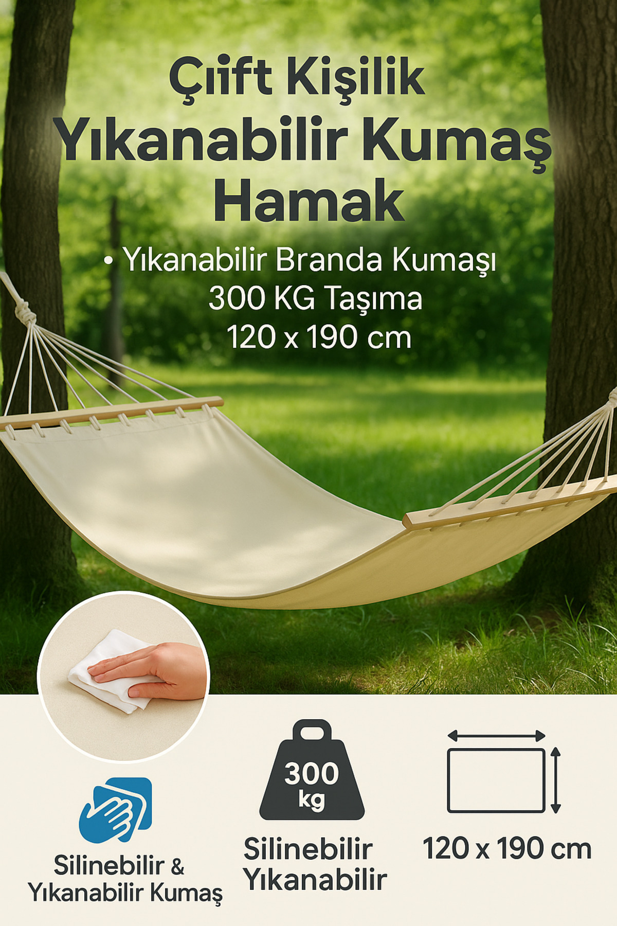 Krem Hamak Çift Kişilik Kumaş Hamak Salıncak Pamuklu Branda Kumaşı bağlama ipli 300 kg 120 x 190 cm - 1