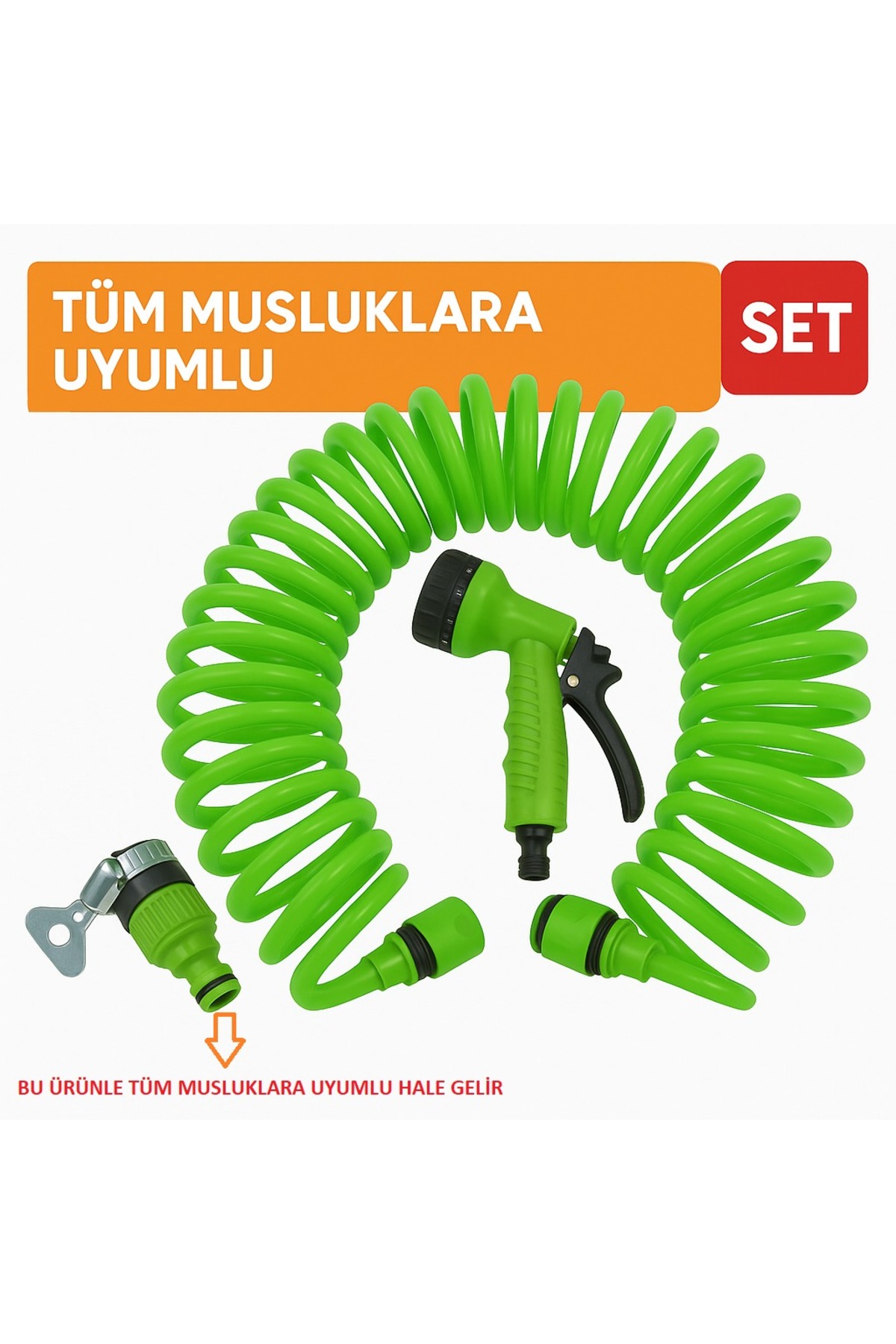 Tabancalı Spiralli Hortum Seti Fıskiye Tüm Musluklara Uyumlu Aparat Gönderilmektedir 10 Metre - 1