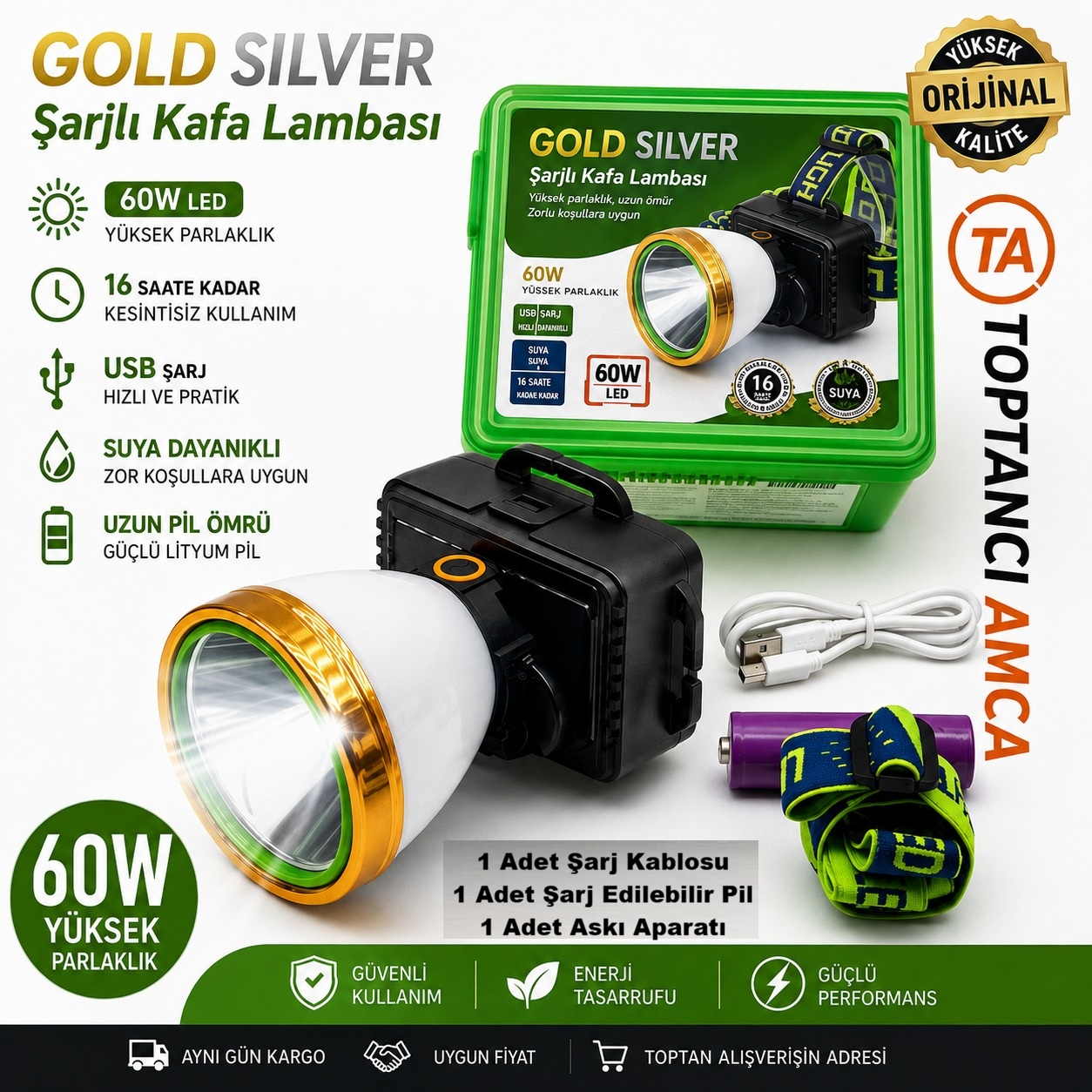 KAFA LAMBASI GOLD SİLVER ŞARJLI PANELLİ 60W METAL GS-475 - 1