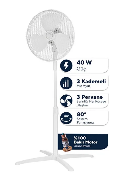 1 / 2 KUMTEL KTF-355 Siyah 16 inç Ayaklı Vantilatör 50 W, 5 Pervaneli, 3 Kademeli, 121 cm Yükseklik Beyaz - 1