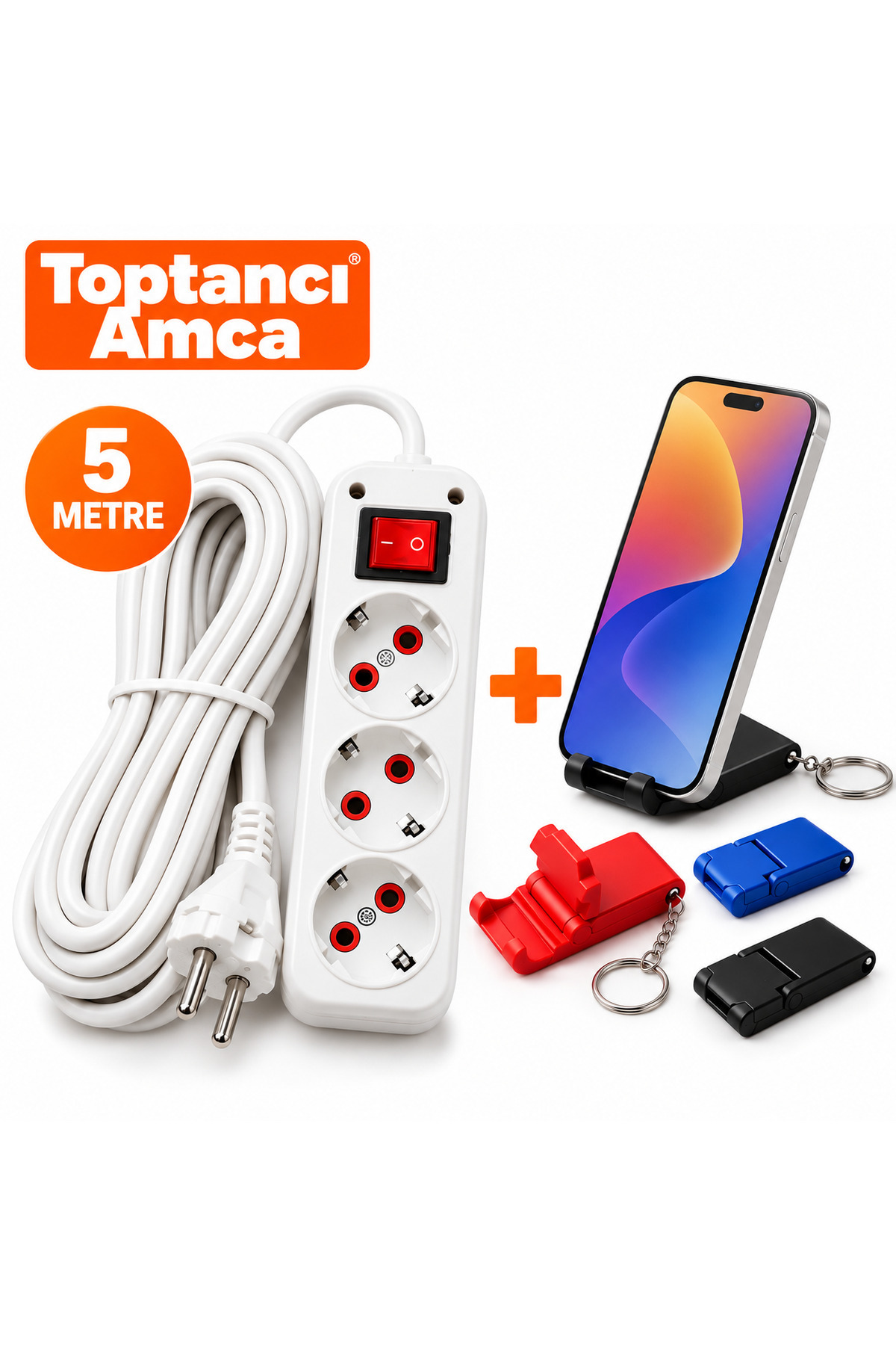 yanmaz kendinden sigortalı ve topraklı kaliteli 5 metre uzatma kablosu telefon tutuculu anahtarlık hediyeli - 1