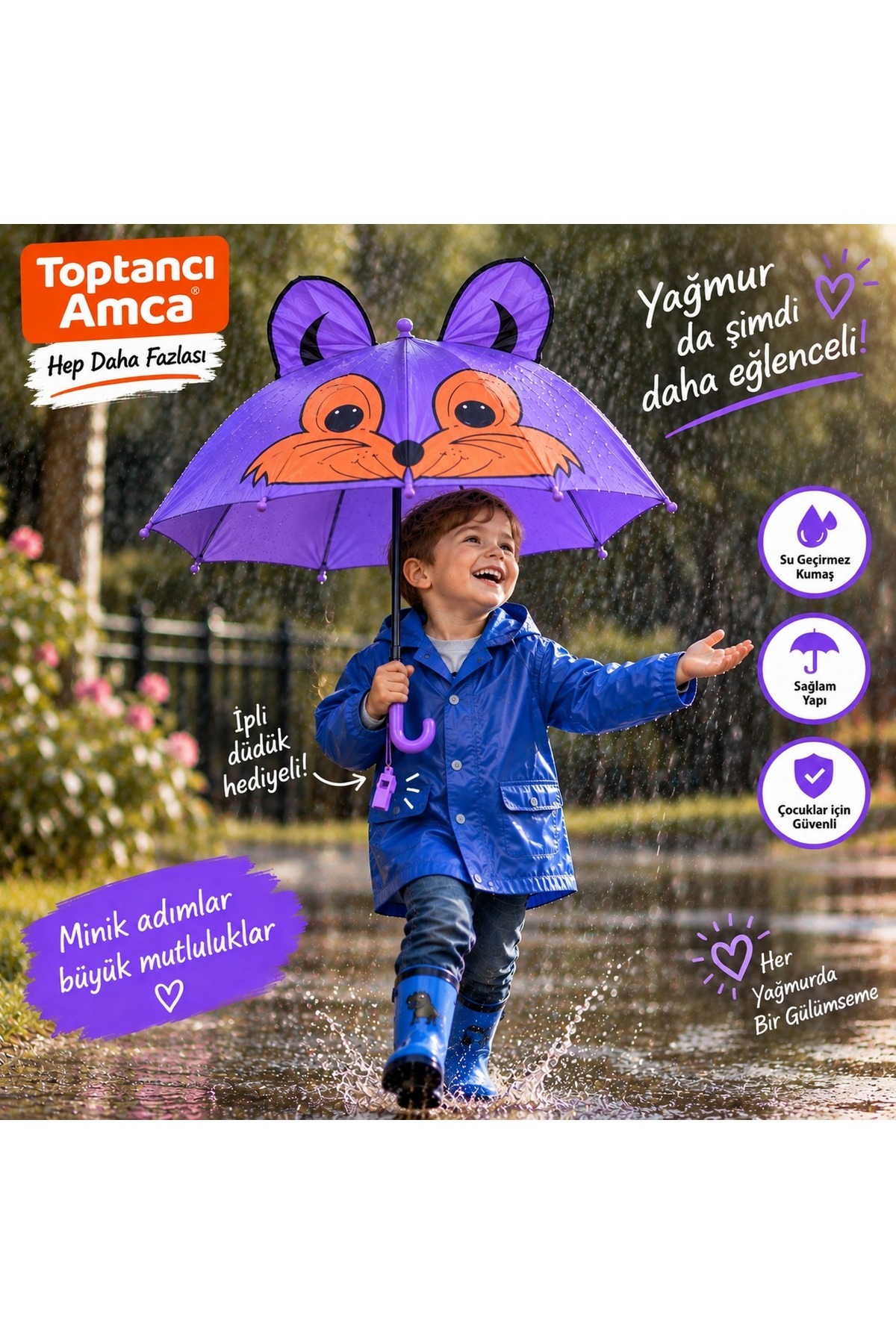 Kedi Figürlü düdüklü şemsiye çocuk şemsiyesi kulaklı model - 1