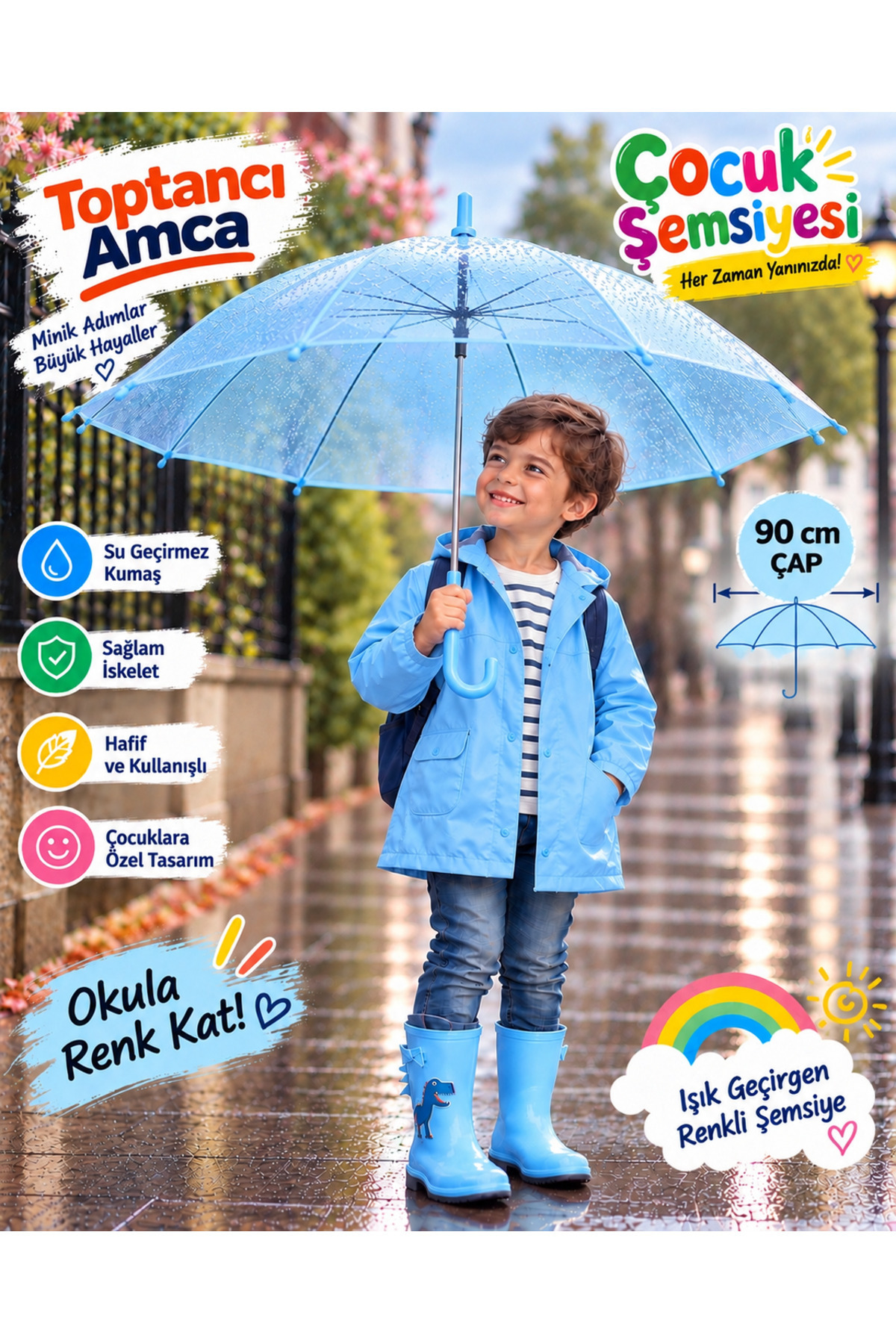 Çocuk Şemsiyesi 90 cm Renkli Şeffaf 8 Telli Işık Geçiren Yağmur Şemsiyesi - 1