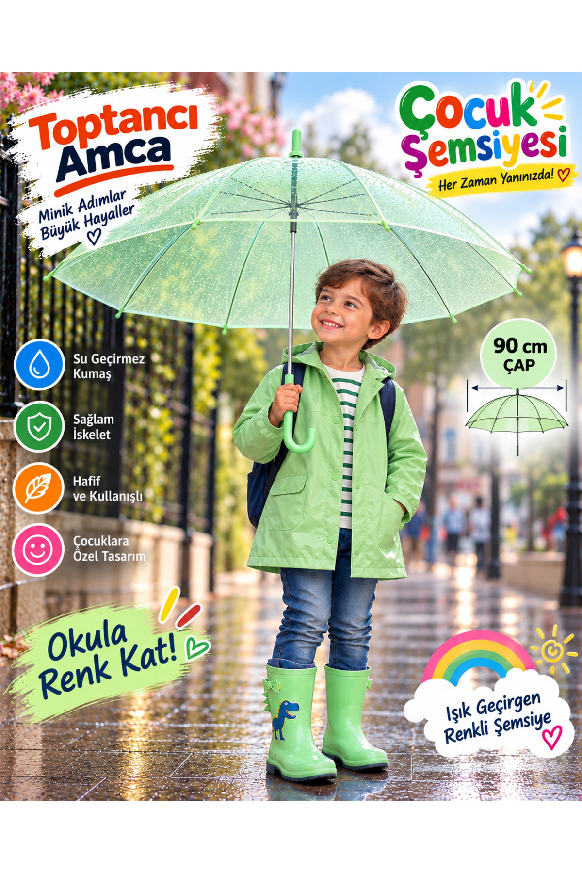 Çocuk Şemsiyesi 90 cm Renkli Şeffaf 8 Telli Işık Geçiren Yağmur Şemsiyesi - 1