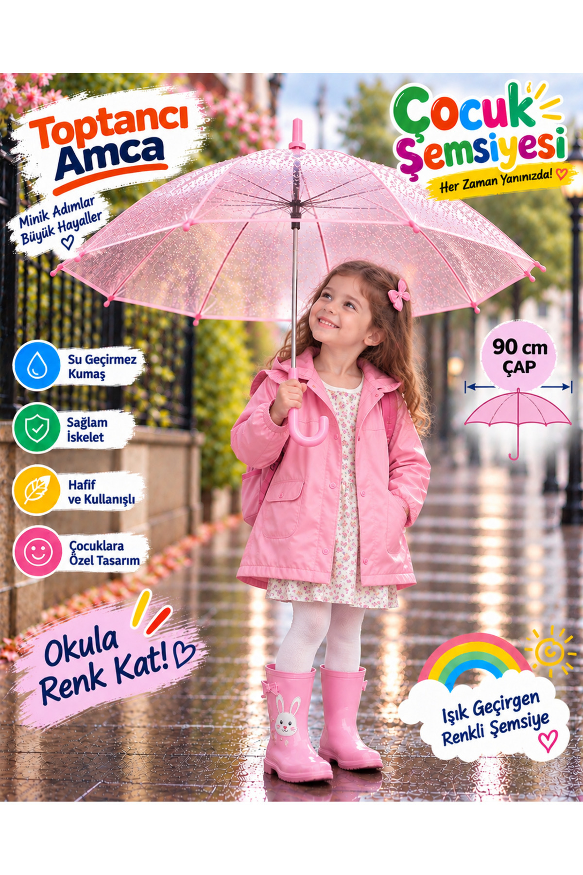 Çocuk Şemsiyesi 90 cm Renkli Şeffaf 8 Telli Işık Geçiren Yağmur Şemsiyesi - 1