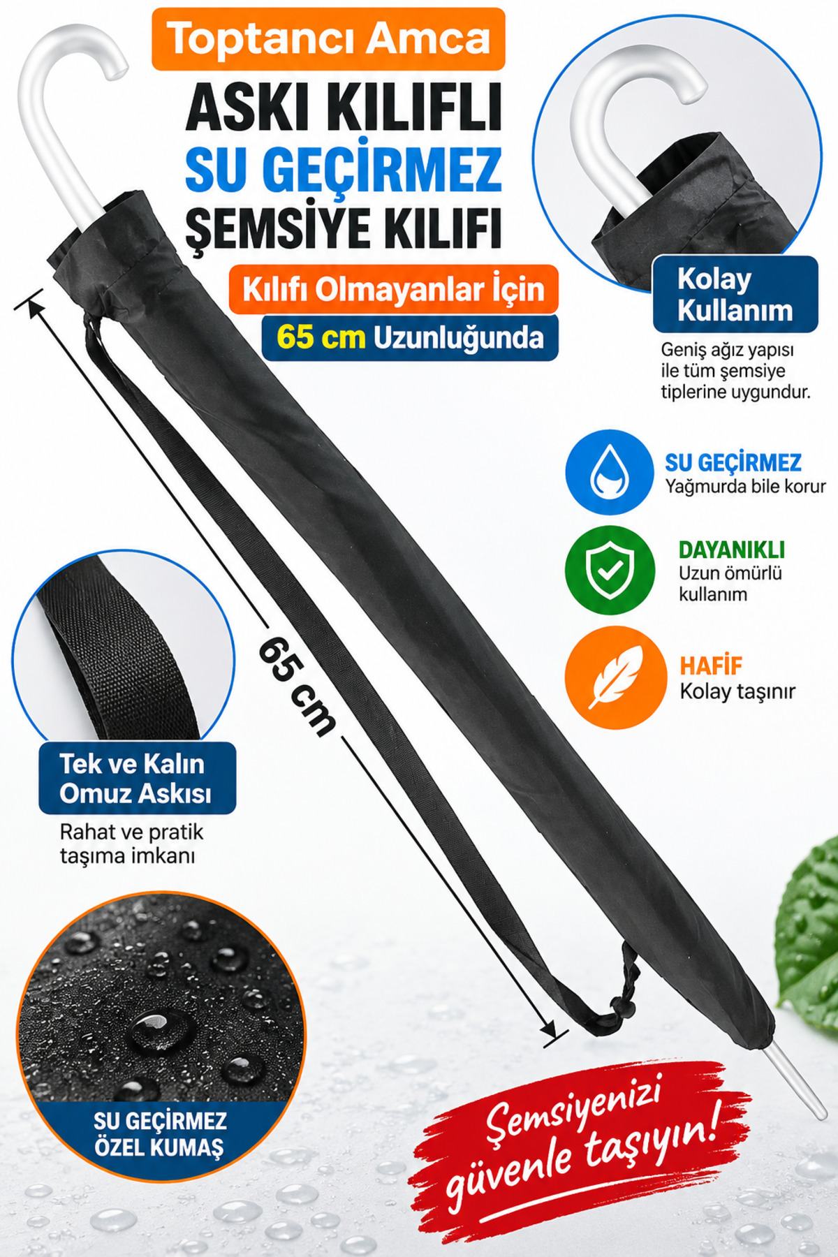 65 cm Askılı Su Geçirmez Şemsiye Kılıfı Tüm Baston Telli Şemsiyeler İçin Taşıma Kılıfı - 1
