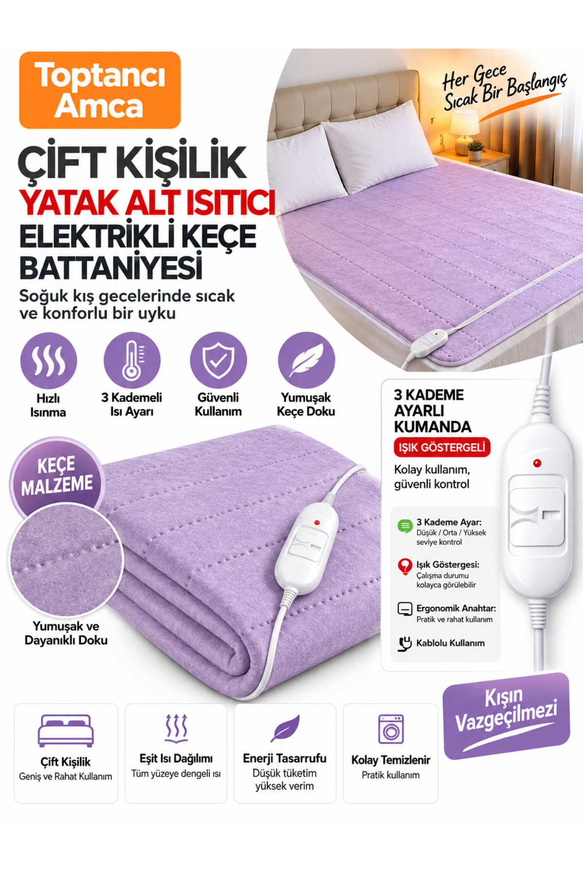 Elektrikli Battaniye Çift Kişilik 120x160 cm – Keçe Yüzey, Isı Ayarlı, Fermuarlı Çanta 2 Yıl Garantili - 1