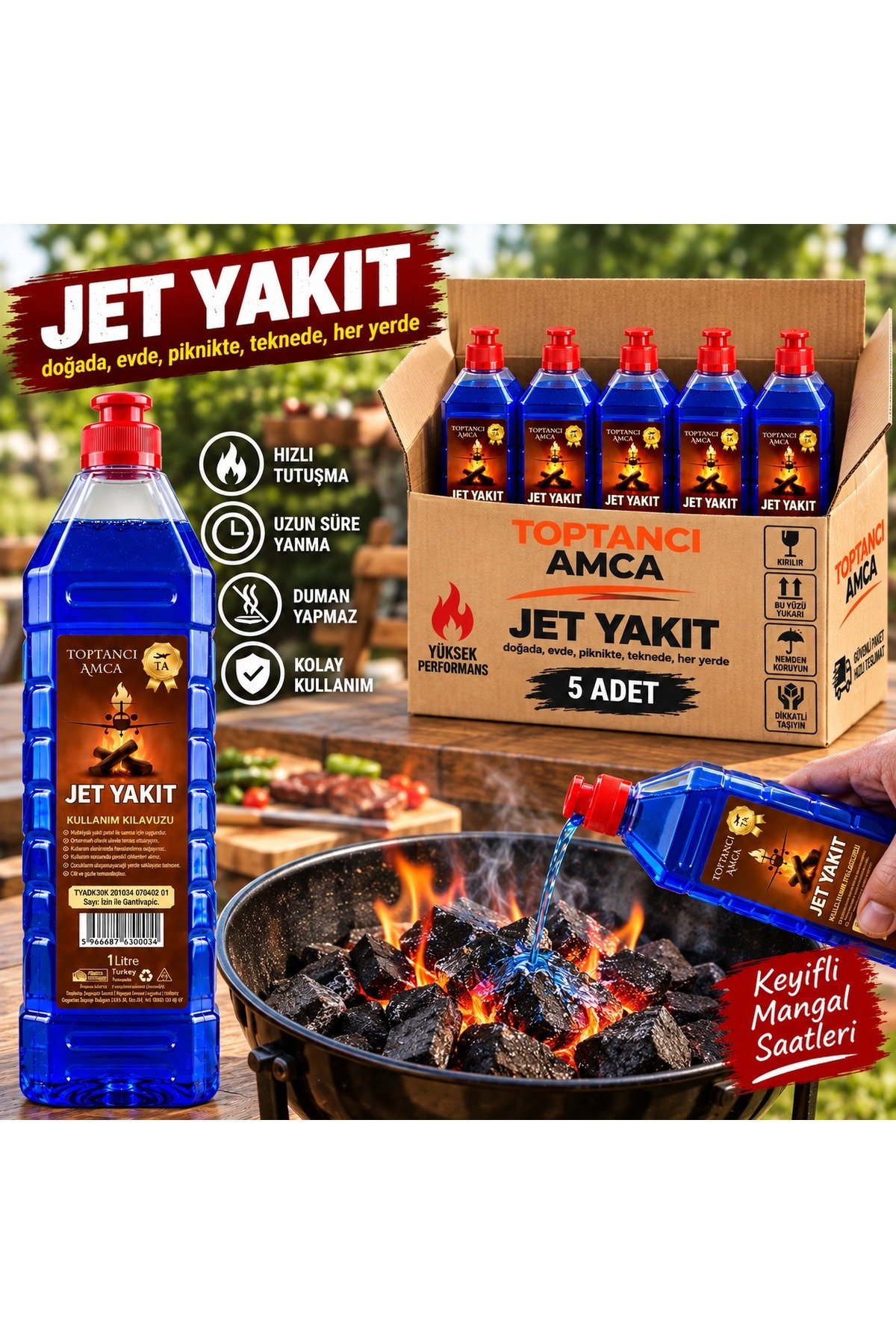 Jet Yakıt 1 Litre 5'li Paket Mangal ve Kamp Yakıtı Hızlı Yanma Yakıtı Reşo Garantili