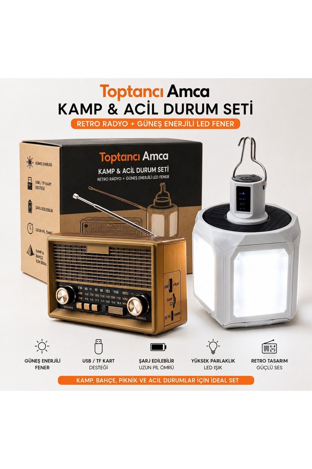 Güneşin Olduğu Her Yerde Kullan Kamp & Acil Durum Seti Güneş Enerjili Retro Radyo + Solar LED Kamp Lambası 2'li Set - 1