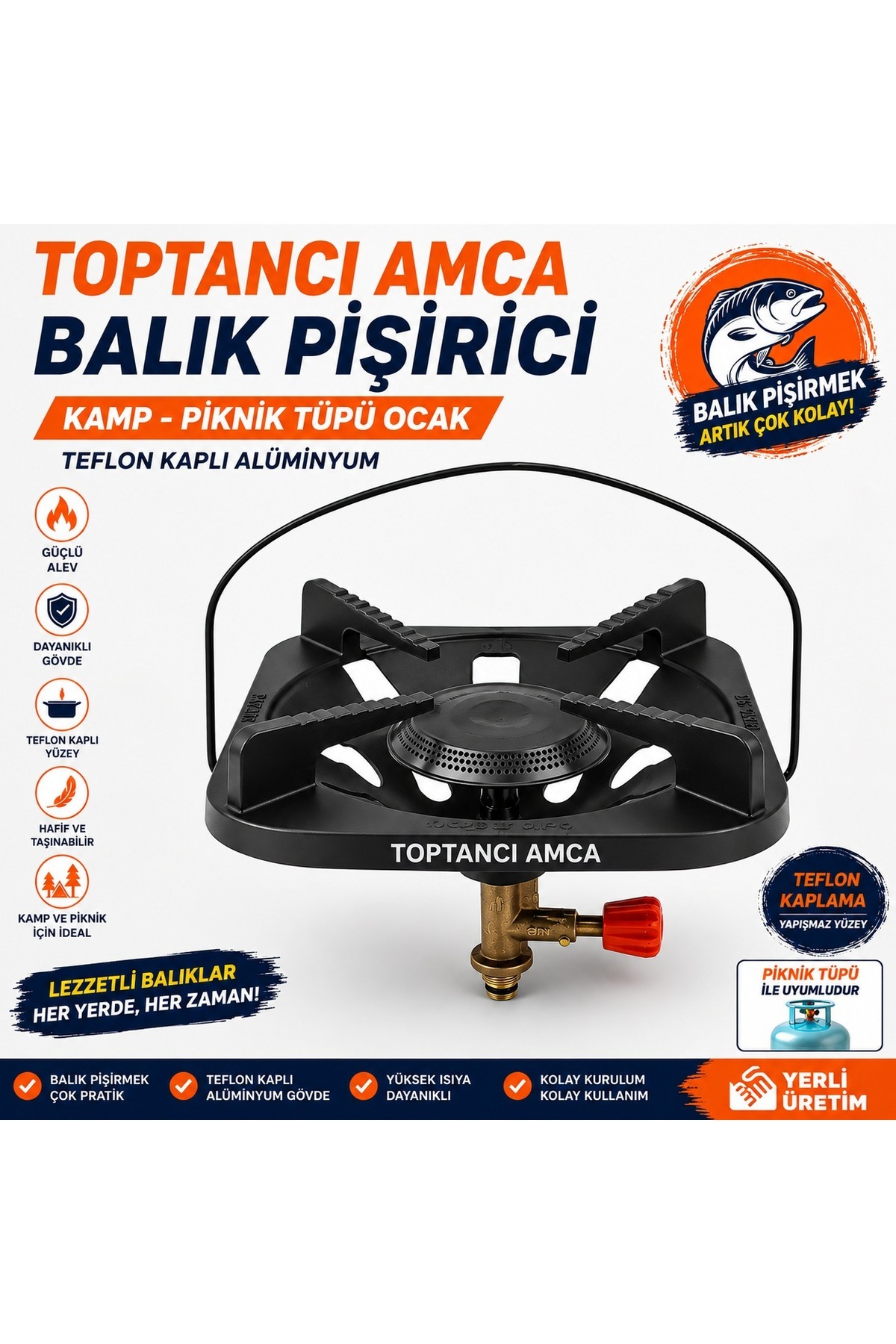Balık Pişirici Kamp - Piknik Tüpü Ocak Teflon Kaplı Kalın Malzeme Ömürlük Ocak 8 cm çaplı turbo