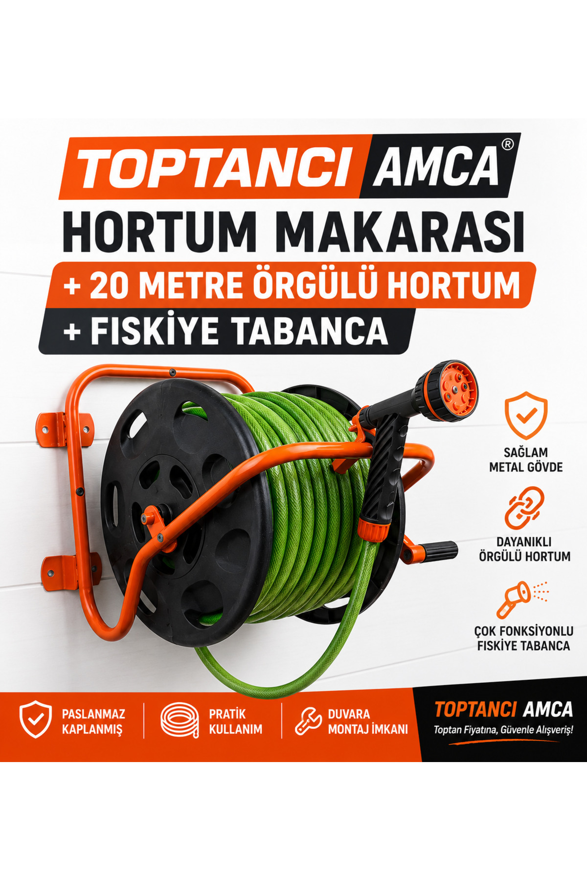 Hortum Makarası + 20 Metre Örgülü Hortum + Fıskiye Tabanca Seti