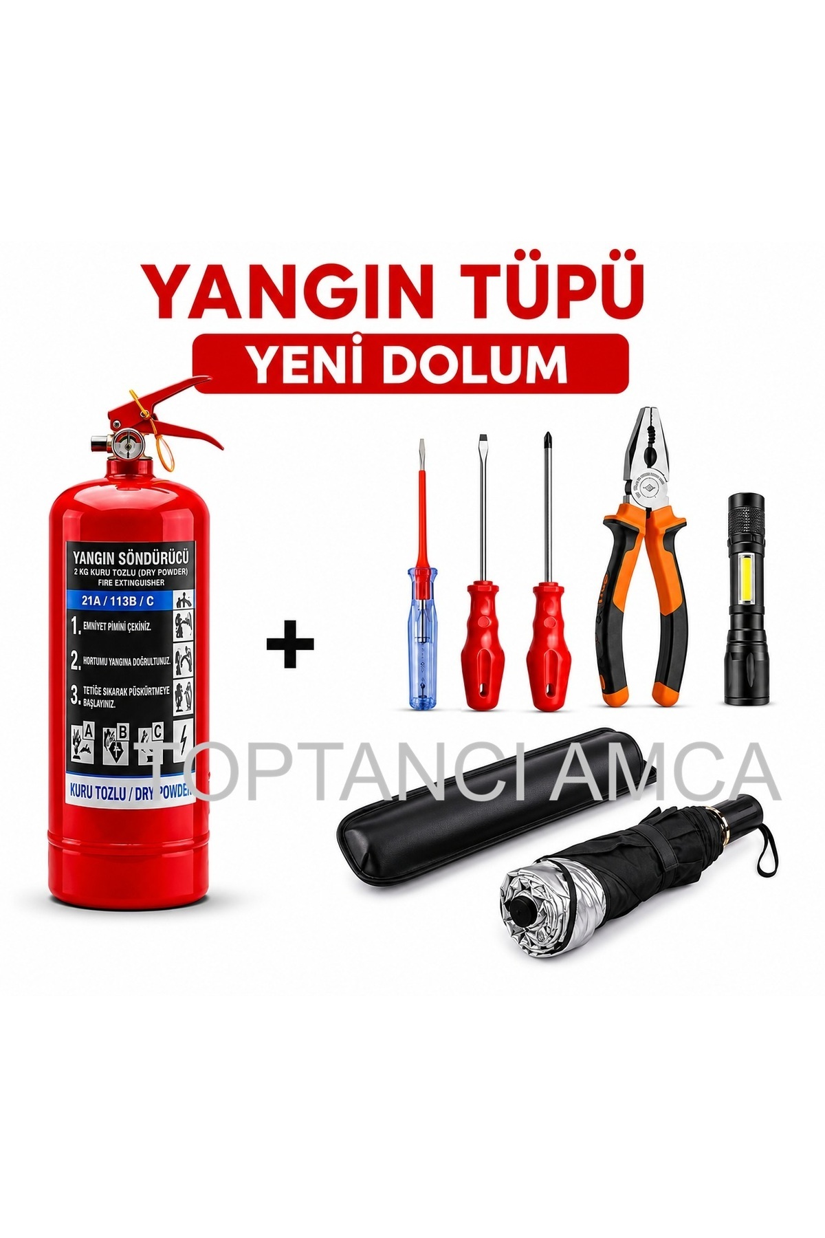 5 Parça Araç Acil Durum Seti 1 Kg Yangın Tüpü (4 Yıl Ömürlü) + Araç Güneş Şemsiyesi Kılıflı + Zoomlu El Feneri + Pense + Tornavida Seti - 1