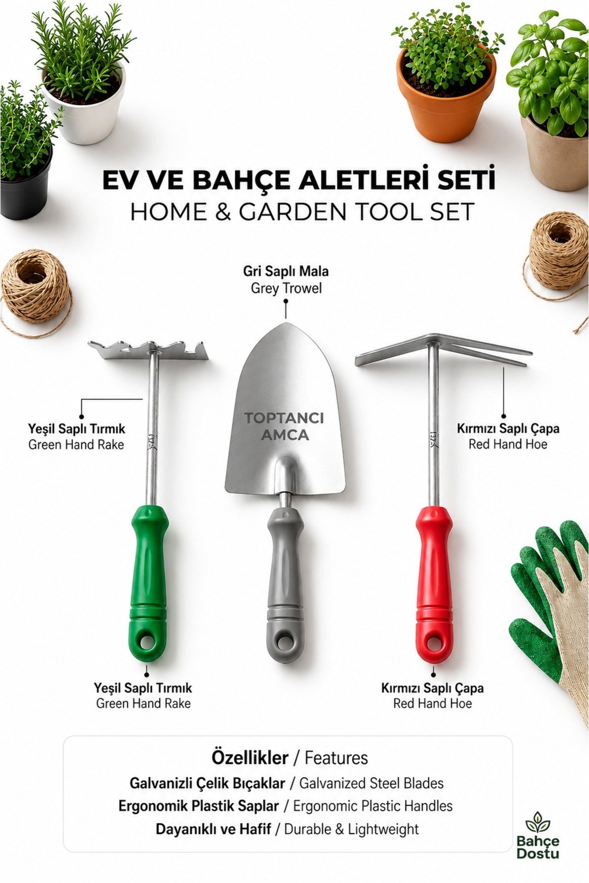 3'lü Metal Bahçe El Aletleri Seti 25 cm Galvanizli Çelik Kürek Tırmık Çapa