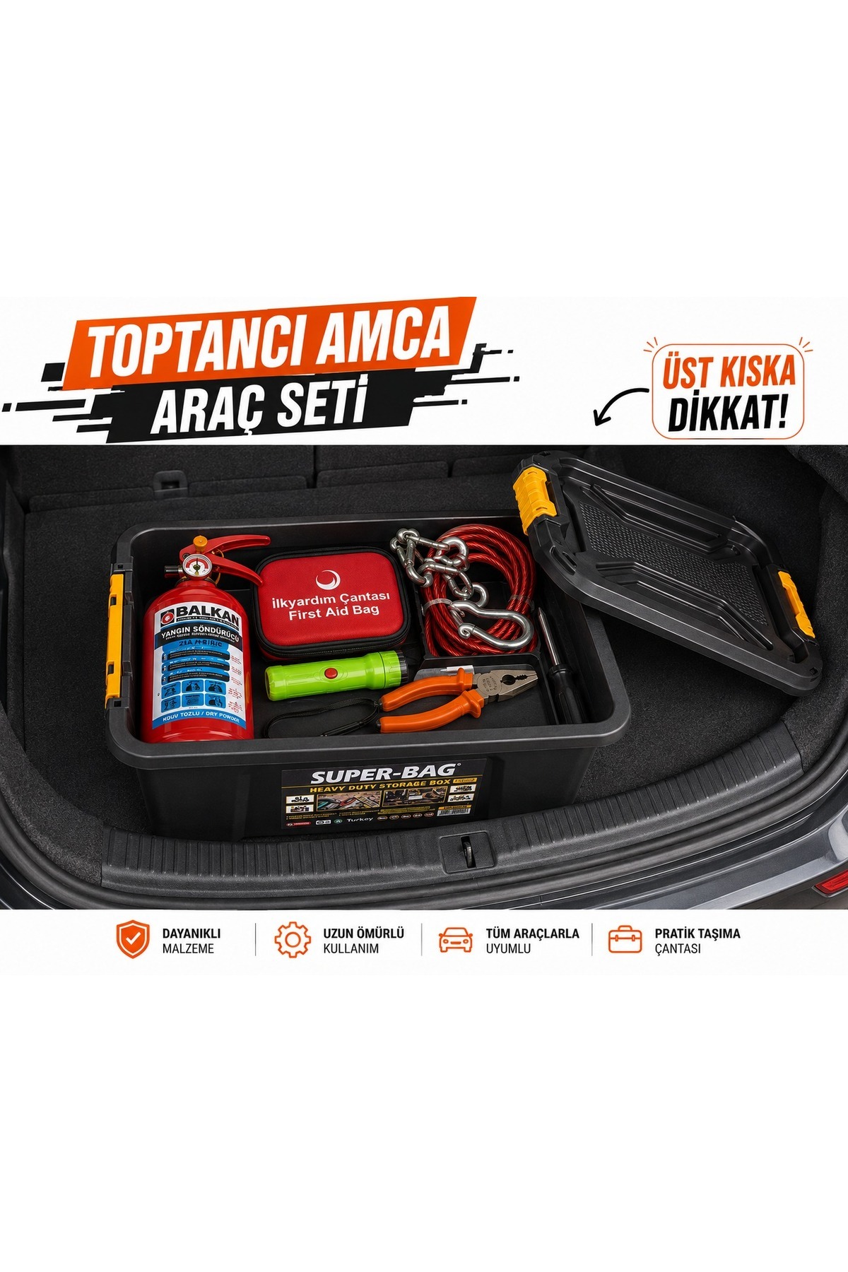 Araç Güvenlik Seti 1 Kg Yangın Tüpü 2030 Tarihli 3,5 m 3 Ton Çeki Halatı İlk Yardım Çantası El Feneri Pense Süper Bag 20