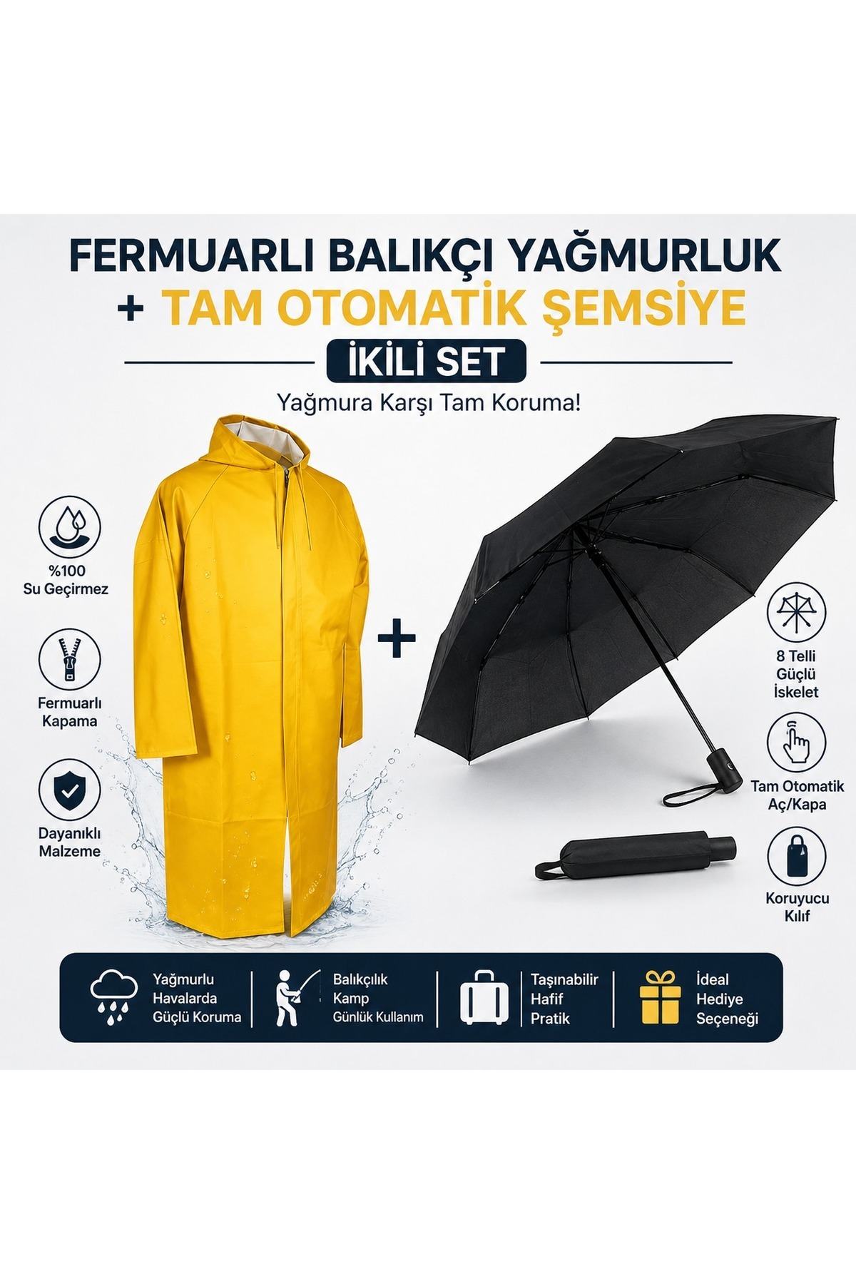 Kalın Standart Beden ( 150 kiloya kadar) Yağmurluk Kapşonlu ve Fermuarlı + 8 telli tam otomatik şemsiye hediyeli yağmurdan korunma serisi - 1