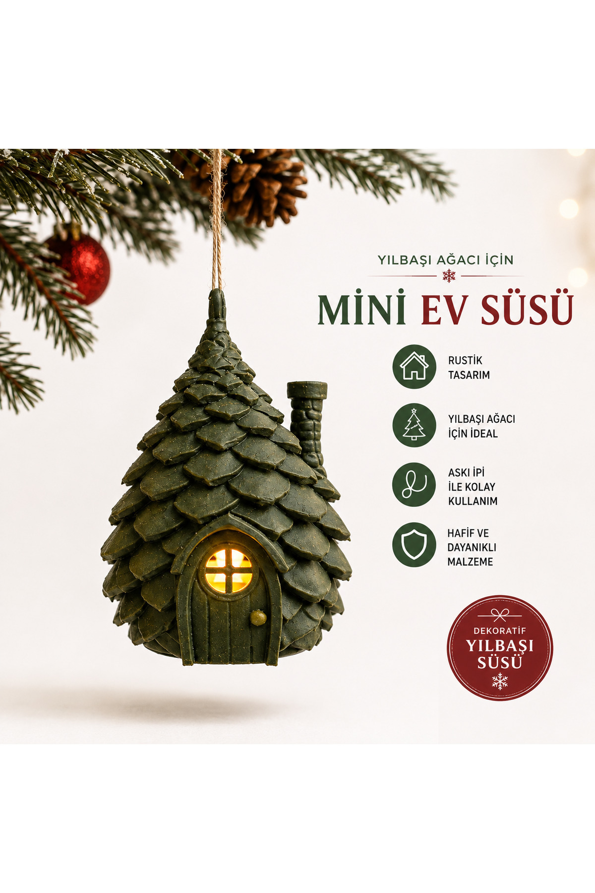 Yılbaşı Ağaç Süsü Dekoratif Mini Ev Süsü Askılı Noel Ağacı Süsü 3d Baskı 2’li Set