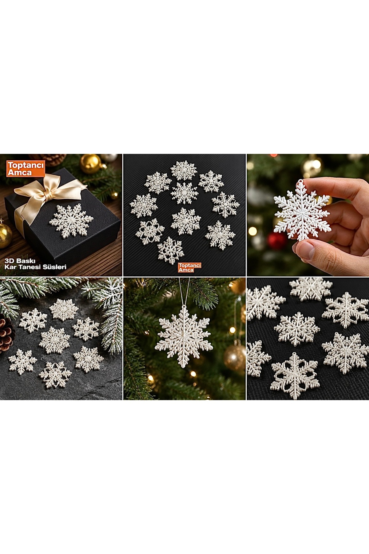 3D Baskı Kar Tanesi Yılbaşı Ağaç Süsü 10’lu Set | Noel Ağacı Asma Dekor Süsü Beyaz