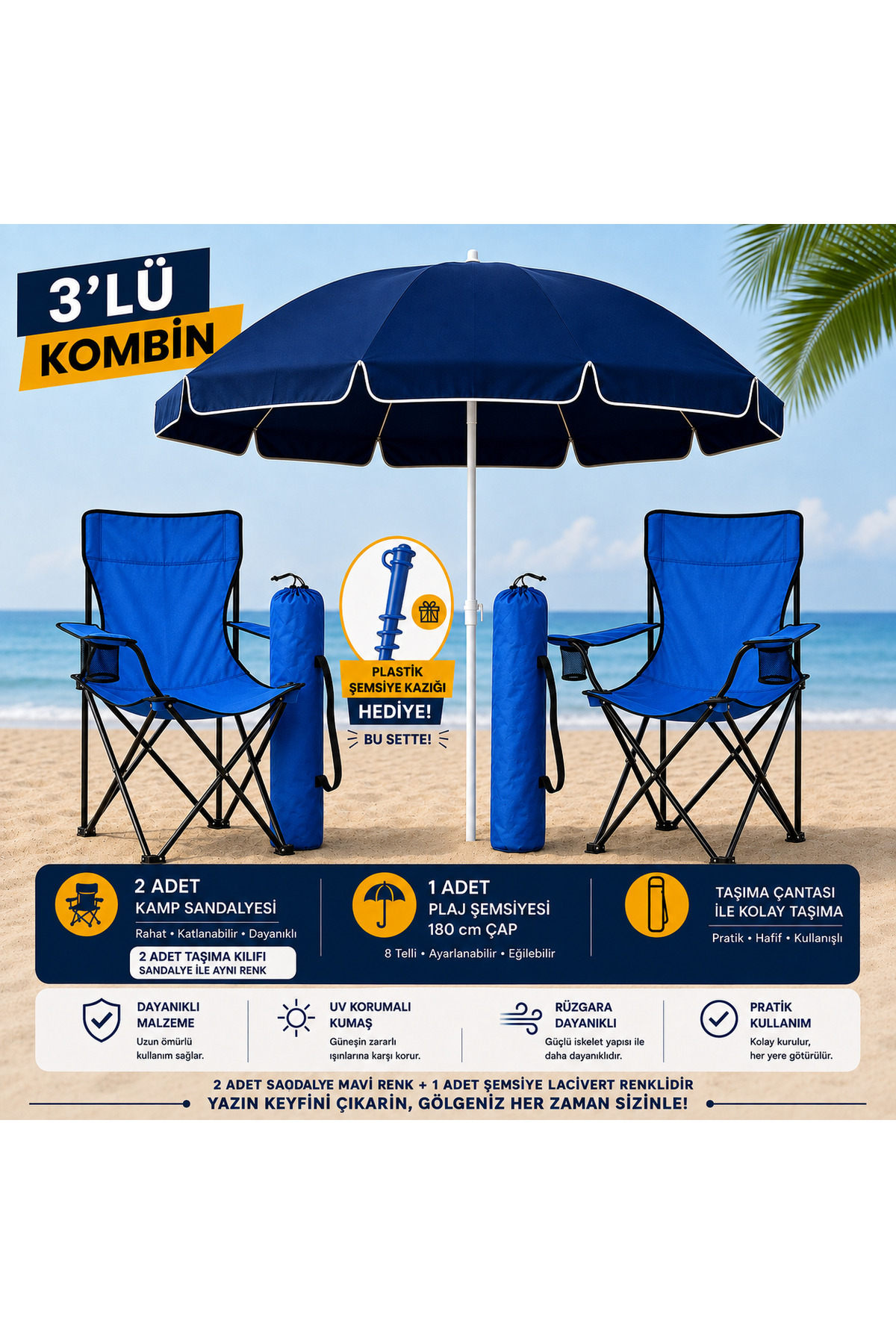 3'lü Kamp ve Plaj Seti Kaıklı 2 Adet Katlanır Kamp Sandalyesi + 1 Adet 170 cm Ayarlanabilir Plaj Şemsiyesi Taşıma Çantalı şemsiye kazığı hediye