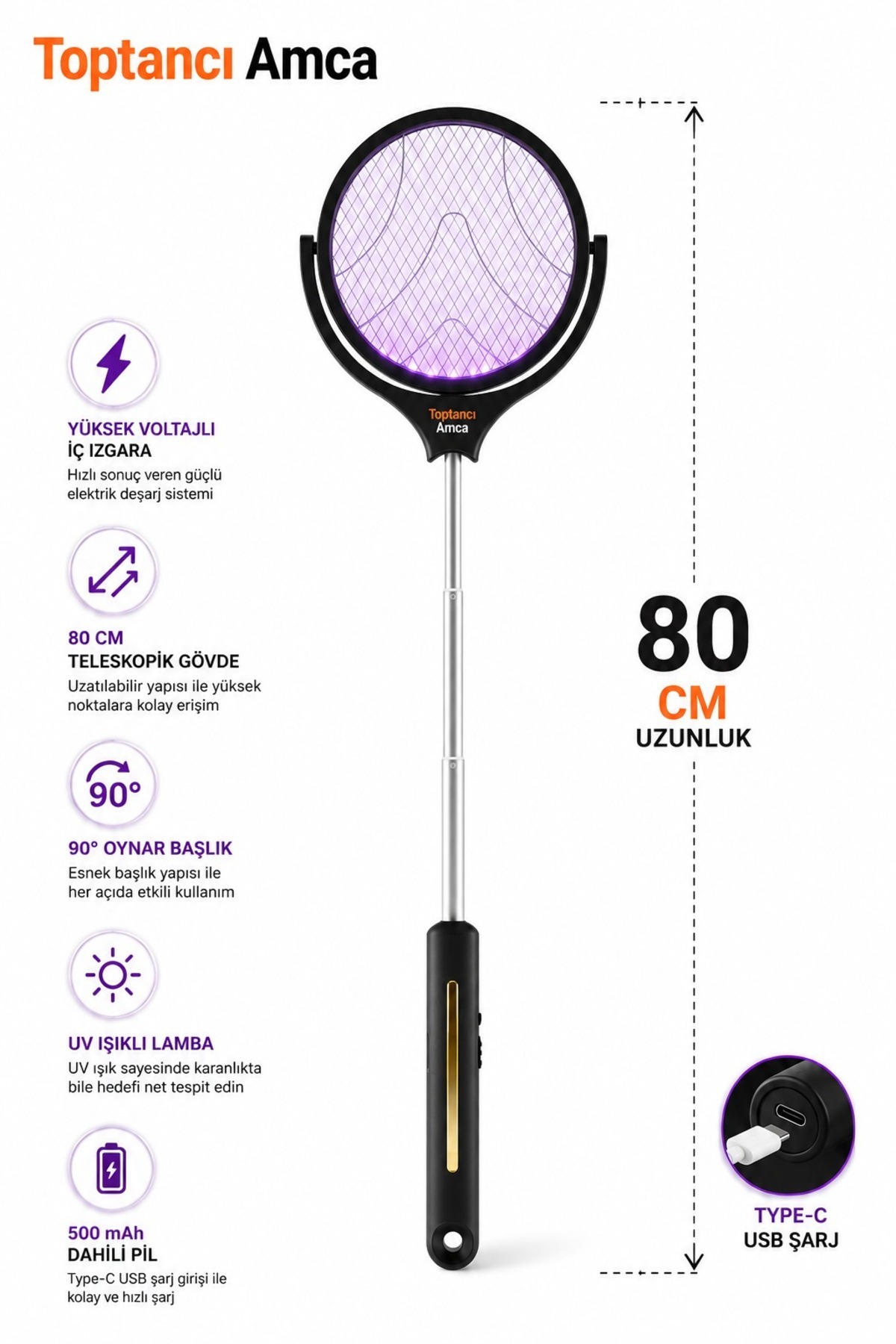 Teleskopik USB Şarjlı Sinek Öldürücü Raket ve UV Lamba | 80 cm Uzayabilir Gövde | 90° Oynar Başlık | Type-C Şarj | 500 mAh Batarya