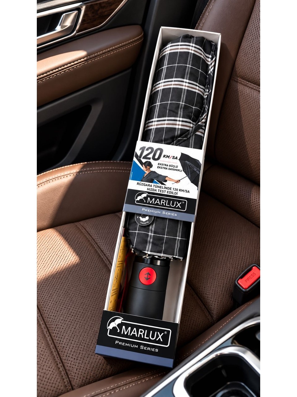 Premium 10 Telli Otomatik Açılır Kapanır Şemsiye – Rüzgara Dayanıklı, Ekose Desenli, Siyah, Kılıflı - 1
