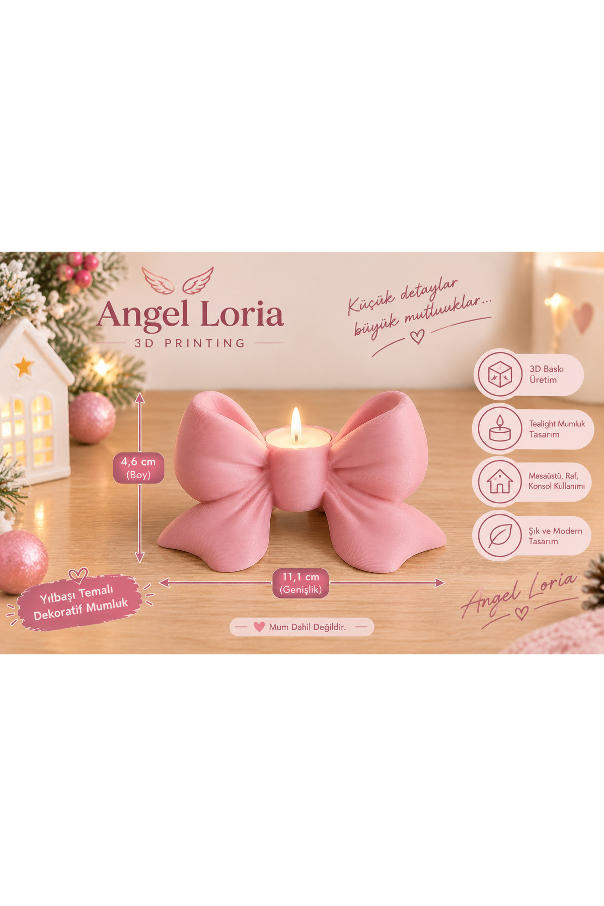 3D Baskı Fiyonk Tasarımlı Tealight Mumluk – Dekoratif Yılbaşı ve Masaüstü Süsü - 1