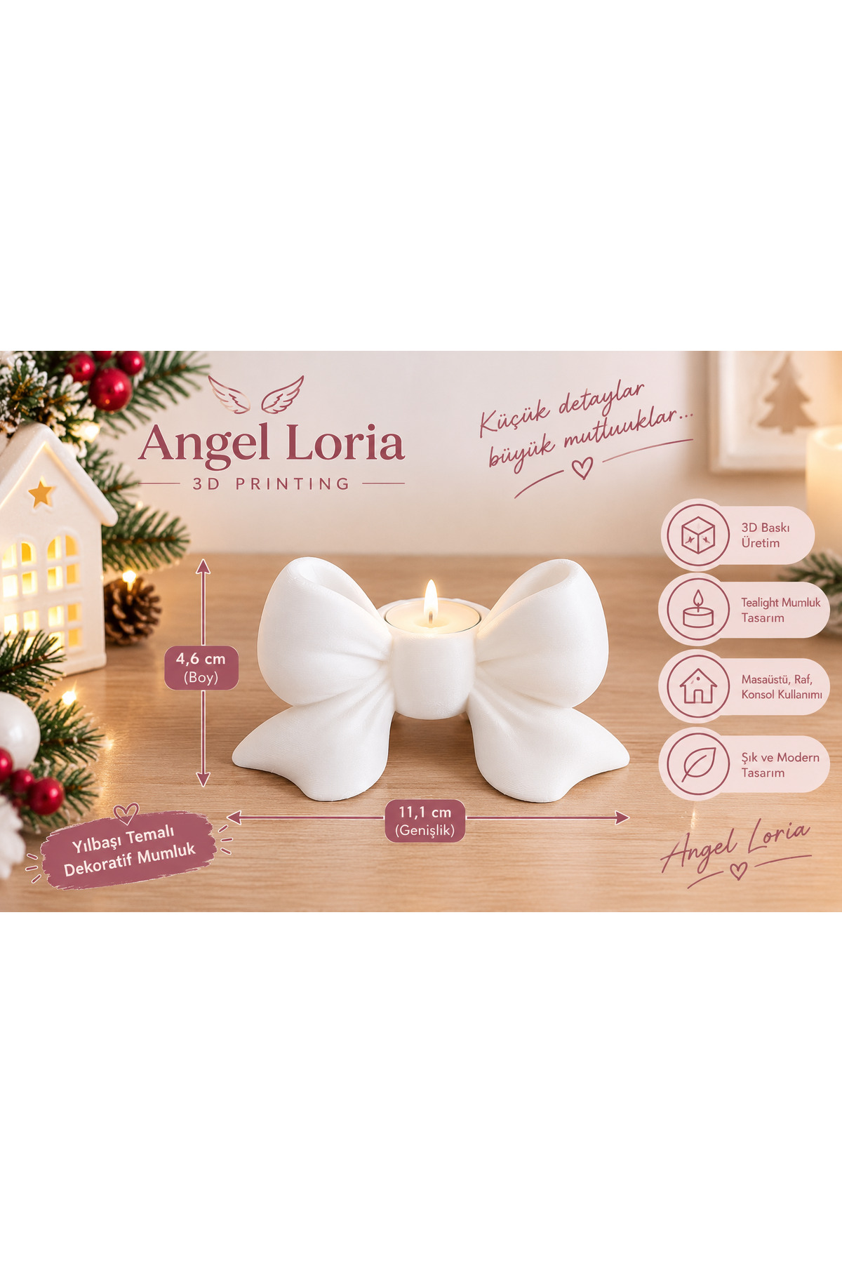 3D Baskı Fiyonk Tasarımlı Tealight Mumluk – Dekoratif Yılbaşı ve Masaüstü Süsü - 1