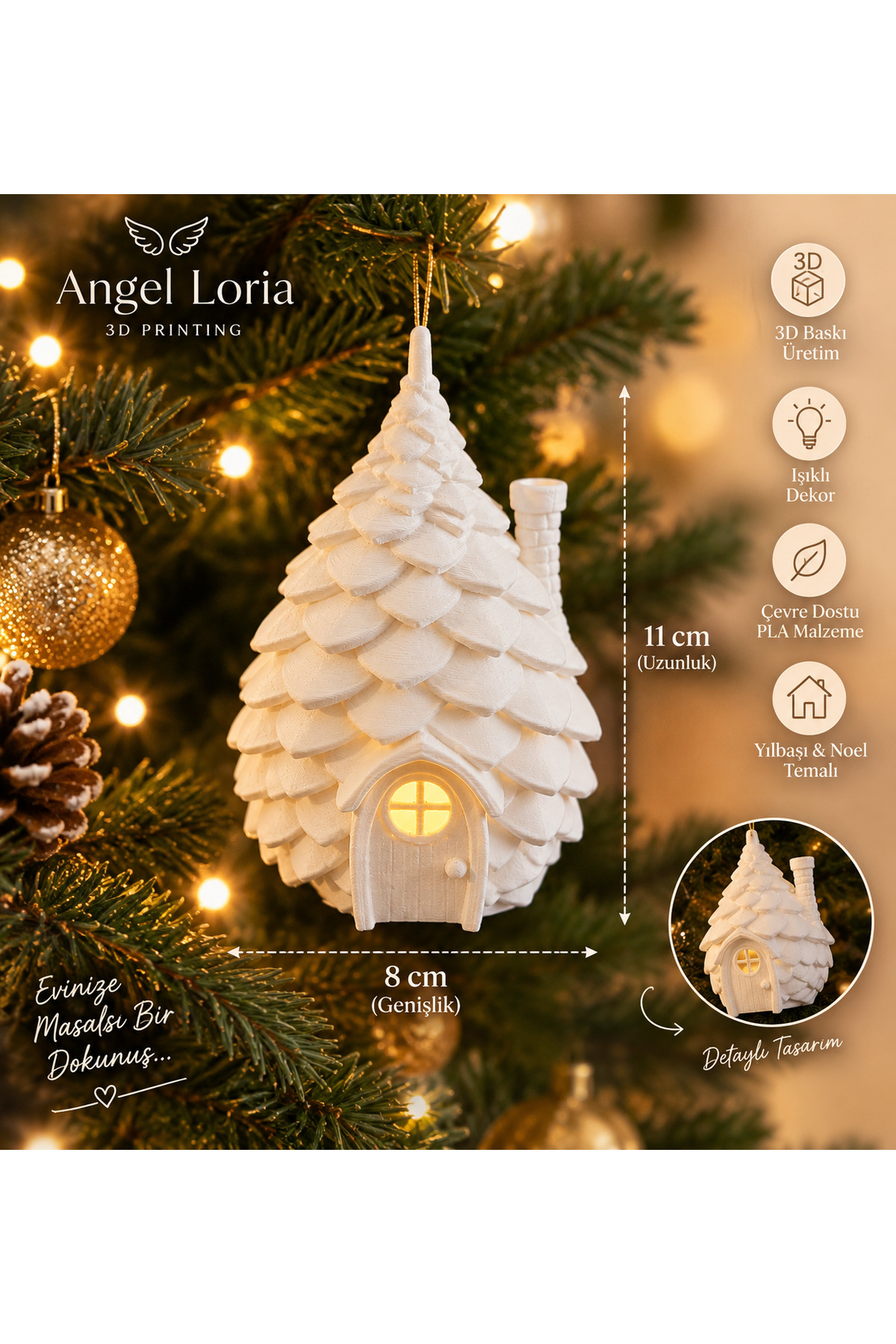 3D Baskı Çam Ağacı Ev Biblo – Işıklı Yılbaşı ve Noel Temalı Dekoratif Ev Süsü - 1
