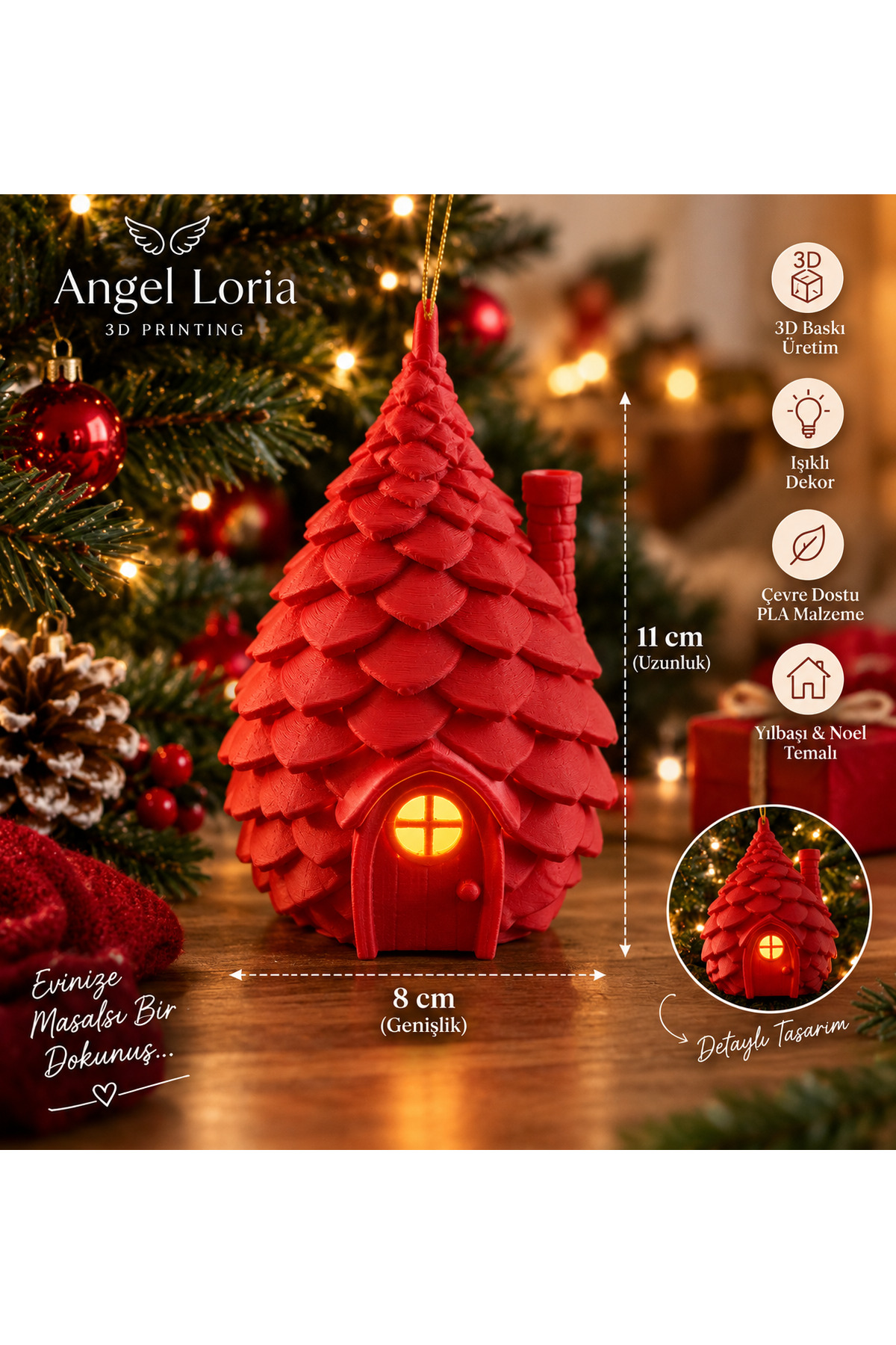3D Baskı Çam Ağacı Ev Biblo – Işıklı Yılbaşı ve Noel Temalı Dekoratif Ev Süsü - 1