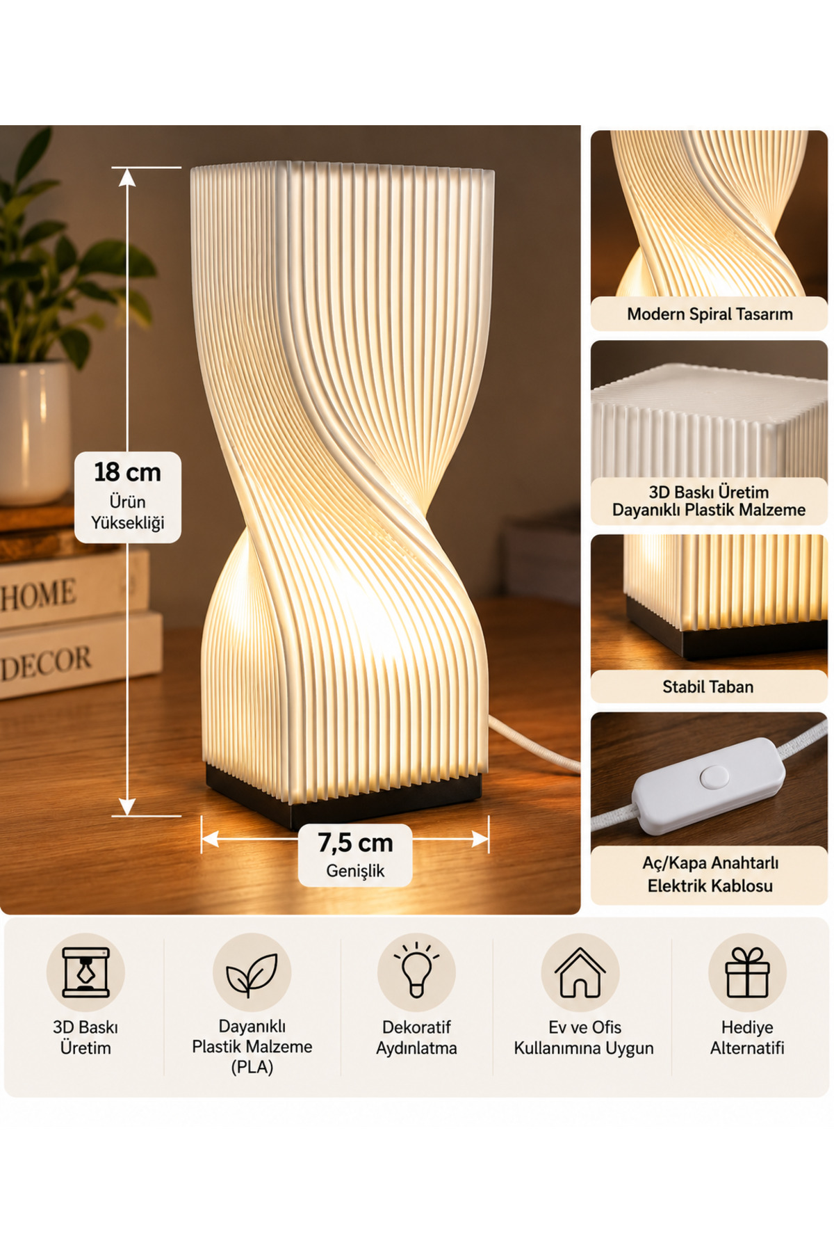 Modern Spiral Tasarımlı Dekoratif Masa Lambası – 3D Baskı Plastik Abajur