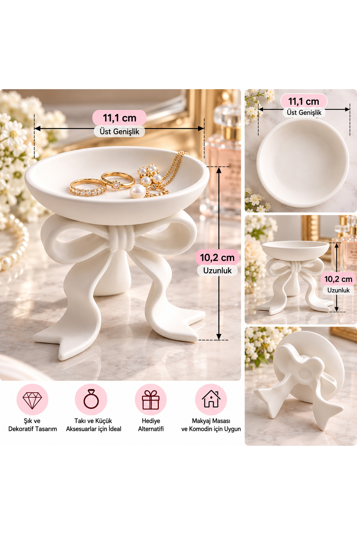 Fiyonklu Dekoratif Takı Standı Yüzük Küpe Kolye Organizeri Pembe - 1