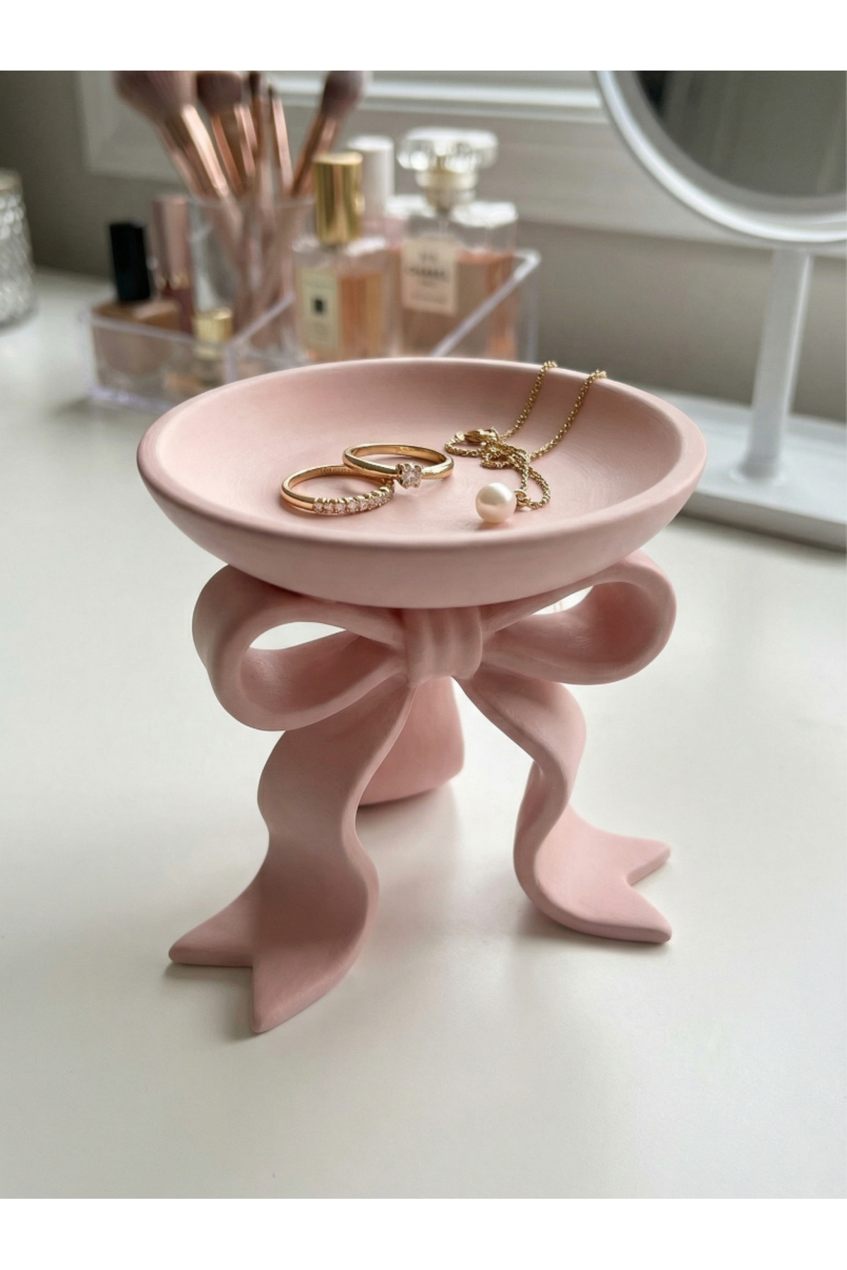 Fiyonklu Dekoratif Takı Standı Yüzük Küpe Kolye Organizeri Pembe - 1