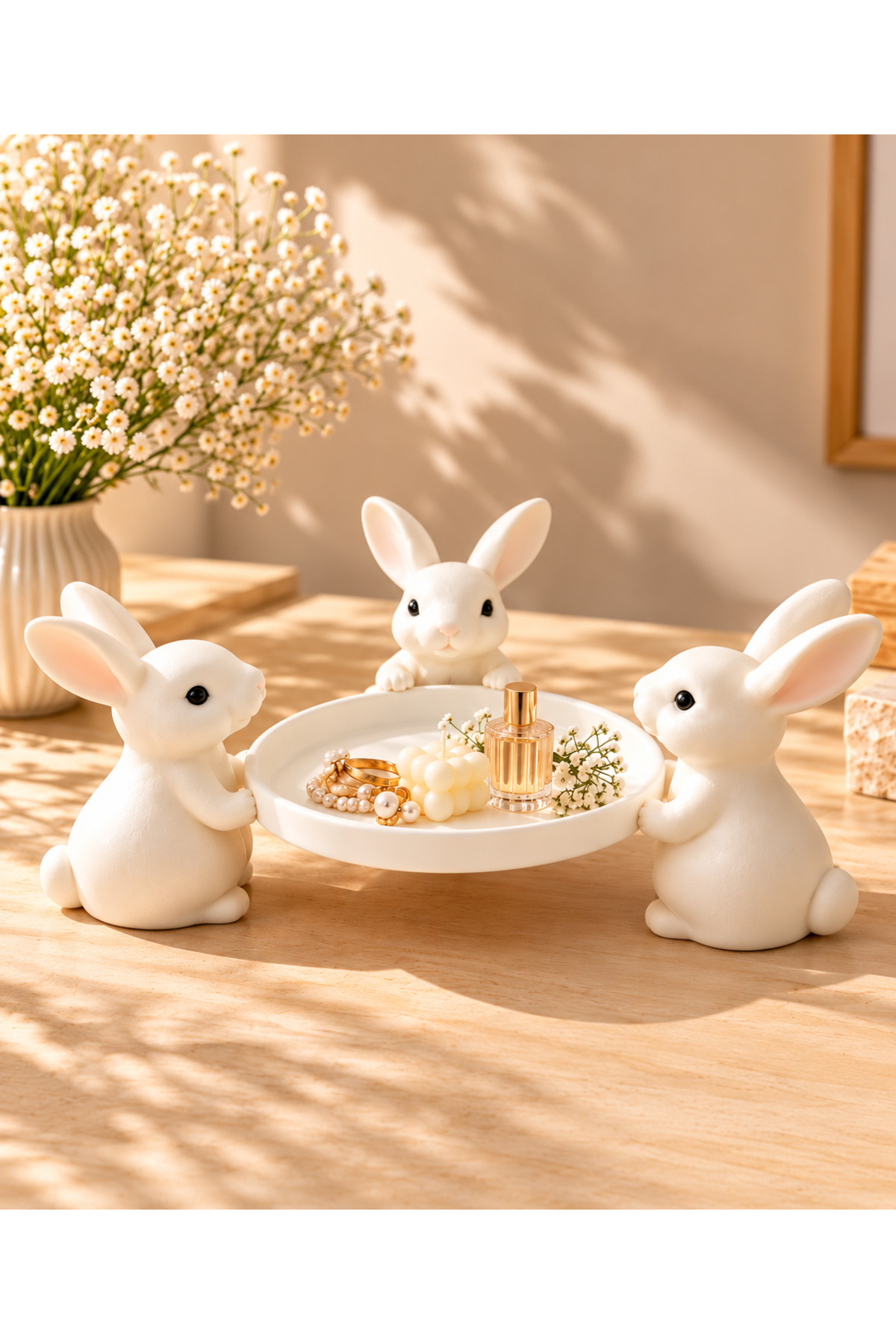 Tavşan Figürlü Dekoratif Sunum Tabağı – Bunny Temalı Masaüstü ve Ev Dekorasyon Tepsisi - 1